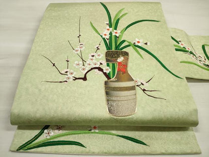 平和屋着物◎九寸名古屋帯 総刺繍 駒刺繍 草花文 金糸 正絹 逸品 DABE8087xg