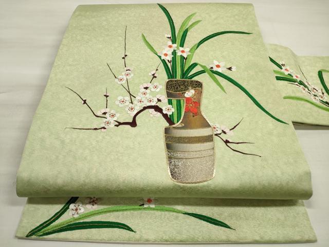 平和屋着物◎九寸名古屋帯 総刺繍 駒刺繍 草花文 金糸 正絹 逸品 DABE8087xg