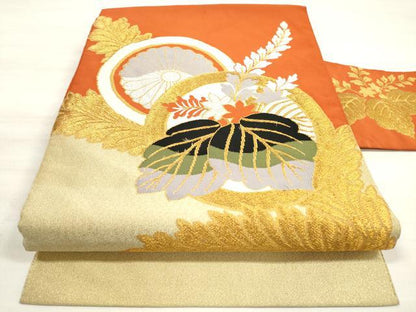平和屋着物◎綴れ 八寸名古屋帯 草花文 金糸 正絹 逸品 DABE8089xg