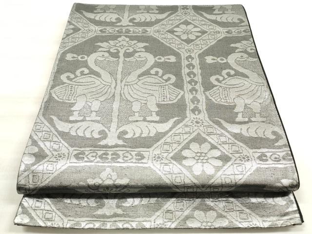 平和屋着物◎六通柄袋帯　蜀江向かい鳥花文　銀糸　正絹　逸品　DABE8109xg