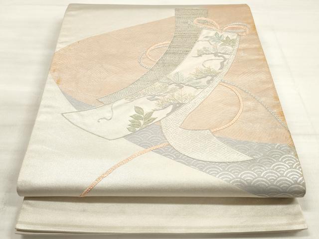平和屋着物◎太鼓柄袋帯　刺繍　吉祥立波短冊枝松文　銀糸　正絹　逸品　DABE8113xg