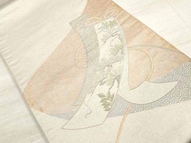 平和屋着物◎太鼓柄袋帯　刺繍　吉祥立波短冊枝松文　銀糸　正絹　逸品　DABE8113xg