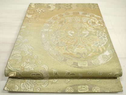 平和屋着物◎六通柄袋帯　向かい鳥更紗花丸文　金銀糸　正絹　逸品　DABE8116xg