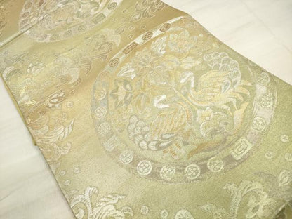 平和屋着物◎六通柄袋帯　向かい鳥更紗花丸文　金銀糸　正絹　逸品　DABE8116xg