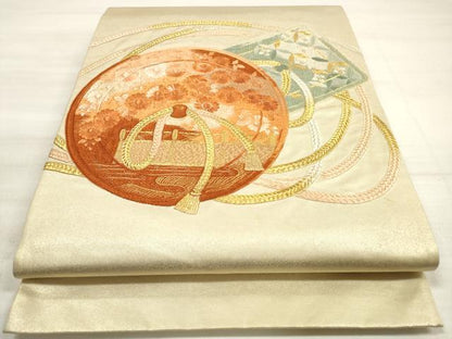 平和屋着物◎太鼓柄袋帯 総刺繍 鏡裏花文 金糸 正絹 逸品 DABE8130xg
