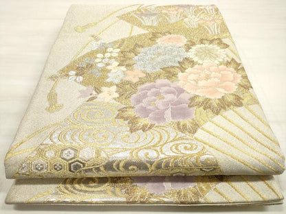 平和屋着物◎綴れ 六通柄袋帯 扇面花文 金銀糸 正絹 逸品 DABE8141xg