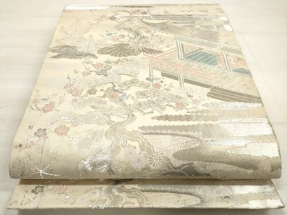 平和屋着物◎六通柄袋帯 名園啼鳥図 プラチナ箔 手織二重箔 正絹 逸品 DABE8152xg