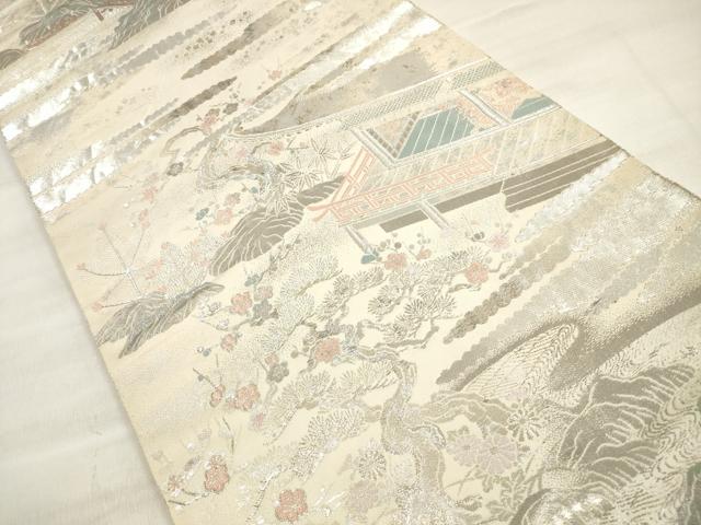 平和屋着物◎六通柄袋帯 名園啼鳥図 プラチナ箔 手織二重箔 正絹 逸品 DABE8152xg