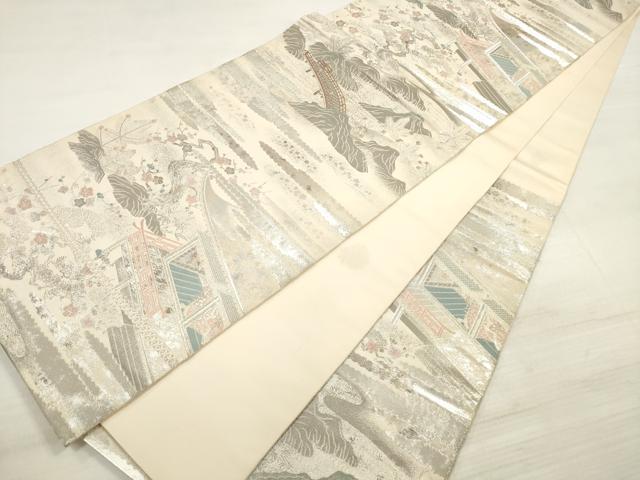 平和屋着物◎六通柄袋帯 名園啼鳥図 プラチナ箔 手織二重箔 正絹 逸品 DABE8152xg