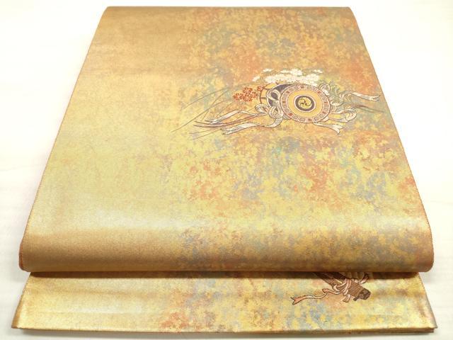 平和屋着物◎太鼓柄袋帯　楽器草花文　金糸　引箔　正絹　逸品　DABE8171xg