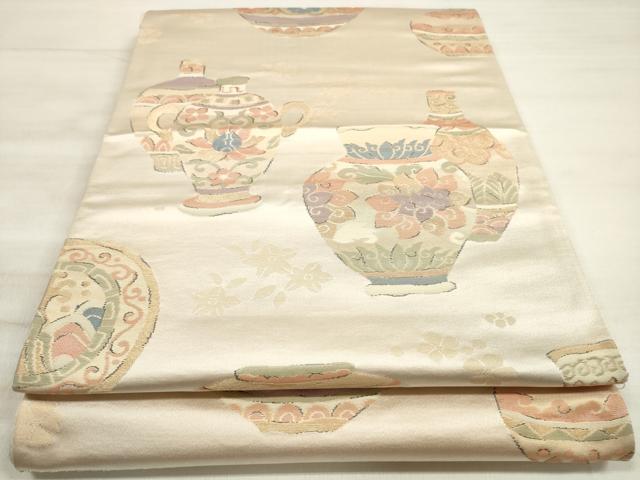 平和屋着物◎西陣　六通柄袋帯　陶器花文　金糸　証紙付き　正絹　逸品　DABE8173xg