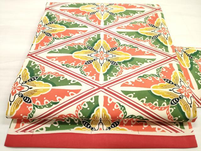 平和屋着物◎塩瀬 全通柄九寸名古屋帯 型染 双蝶菱文 正絹 逸品 DABE8181xg