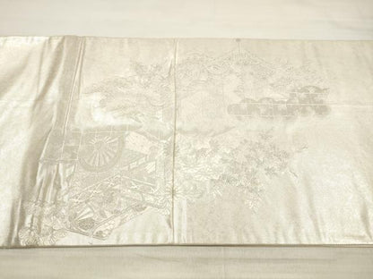平和屋着物◎六通柄袋帯　御所車草花文　銀糸　正絹　逸品　DABE8190xg