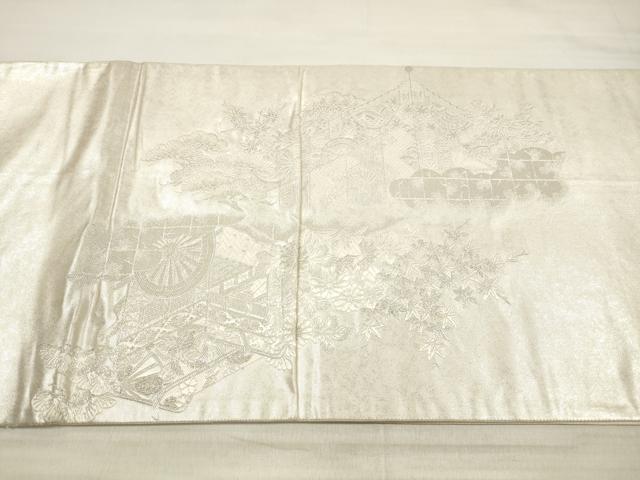 平和屋着物◎六通柄袋帯　御所車草花文　銀糸　正絹　逸品　DABE8190xg
