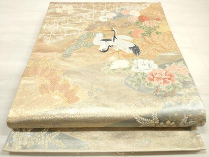 平和屋着物◎六通柄袋帯　優都里　群れ鶴花松文　金銀糸　正絹　逸品　DABE8194xg