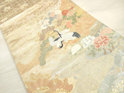 平和屋着物◎六通柄袋帯　優都里　群れ鶴花松文　金銀糸　正絹　逸品　DABE8194xg