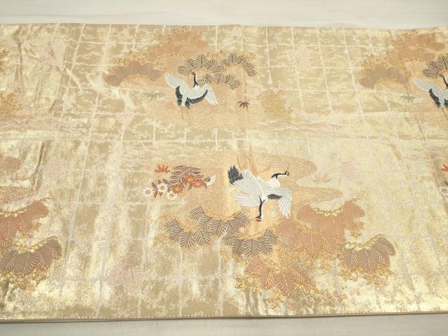 平和屋着物◎六通柄袋帯　優都里　群れ鶴花松文　金銀糸　正絹　逸品　DABE8194xg
