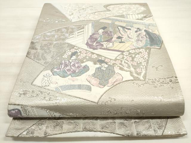 平和屋着物◎六通柄袋帯　唐織　地紙重ね人物花文　銀糸　正絹　逸品　DABE8200xg
