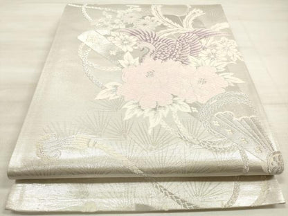 平和屋着物◎六通柄袋帯　唐織　扇面鳳凰花文　銀糸　正絹　逸品　DABE8202xg