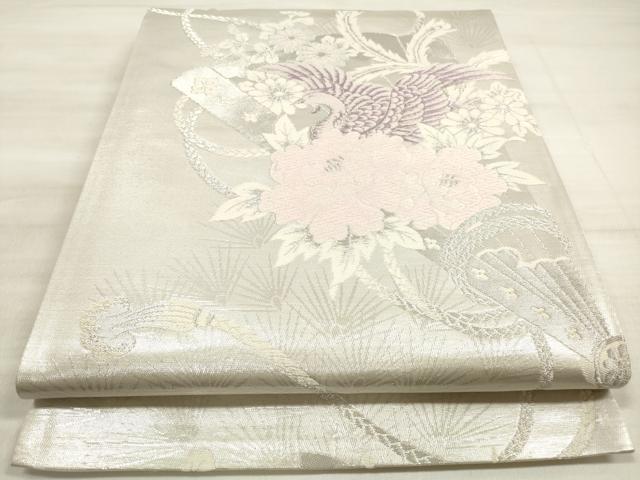 平和屋着物◎六通柄袋帯　唐織　扇面鳳凰花文　銀糸　正絹　逸品　DABE8202xg