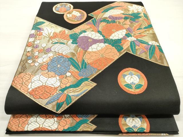 平和屋着物◎六通柄袋帯　唐織　切嵌花蝶文　黒地　金糸　正絹　逸品　DABE8204xg