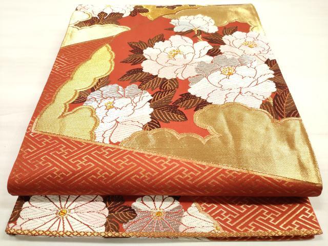 平和屋着物◎六通柄袋帯 唐織 桃山錦 扇面菊牡丹文 金
