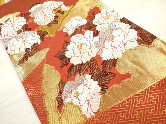 平和屋着物◎六通柄袋帯　唐織　桃山錦　扇面菊牡丹文　金銀糸　正絹　逸品　DABE8205xg