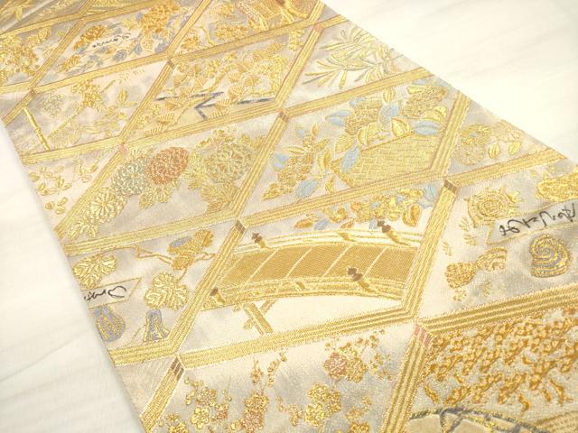 平和屋着物◎六通柄袋帯　錦秋絵本文　金糸　正絹　逸品　DABE8227xg