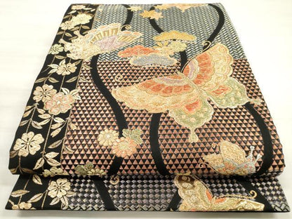 平和屋着物◎六通柄袋帯 立涌花鳥文 黒地 金糸 正絹 逸品 DABE8244xg
