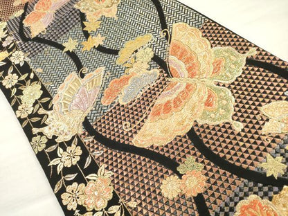 平和屋着物◎六通柄袋帯 立涌花鳥文 黒地 金糸 正絹 逸品 DABE8244xg