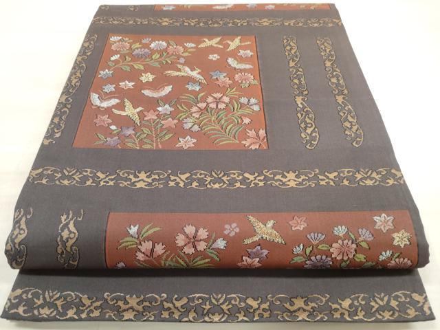 平和屋着物◎六通柄袋帯 横段花鳥舞蝶文 本寿織 金銀糸 正絹 逸品 DABE8245xg