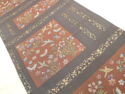 平和屋着物◎六通柄袋帯 横段花鳥舞蝶文 本寿織 金銀糸 正絹 逸品 DABE8245xg