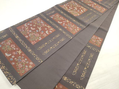 平和屋着物◎六通柄袋帯 横段花鳥舞蝶文 本寿織 金銀糸 正絹 逸品 DABE8245xg