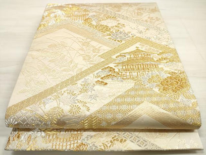 平和屋着物◎両面 全通柄袋帯 風景文 美保姿苑 金銀糸 正絹 逸品 DABE8250xg