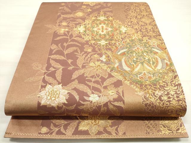 平和屋着物◎六通柄袋帯　向かい鳥正倉院花文　郷愁のつどい　金糸　正絹　逸品　DABE8260xg
