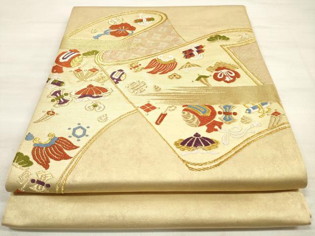 平和屋着物◎太鼓柄袋帯 唐織 作家物 吉祥絵巻文 宝尽くし 金糸 正絹 逸品 DABE8263xg