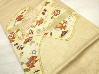 平和屋着物◎太鼓柄袋帯 唐織 作家物 吉祥絵巻文 宝尽くし 金糸 正絹 逸品 DABE8263xg