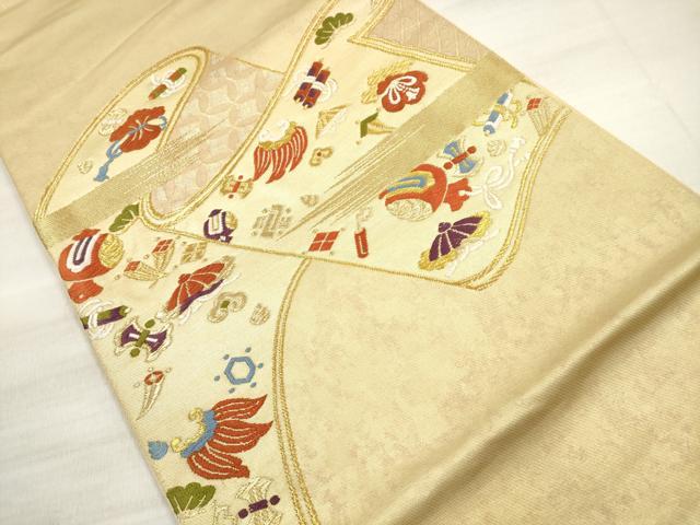 平和屋着物◎太鼓柄袋帯 唐織 作家物 吉祥絵巻文 宝尽くし 金糸 正絹 逸品 DABE8263xg