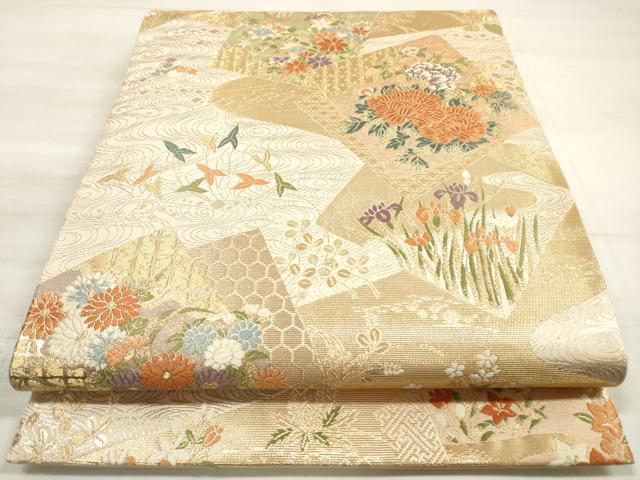 平和屋着物◎六通柄袋帯 色紙取四季花 金糸 正絹 逸品 DABE8265xg