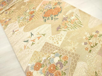 平和屋着物◎六通柄袋帯 色紙取四季花 金糸 正絹 逸品 DABE8265xg