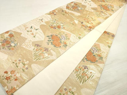 平和屋着物◎六通柄袋帯 色紙取四季花 金糸 正絹 逸品 DABE8265xg