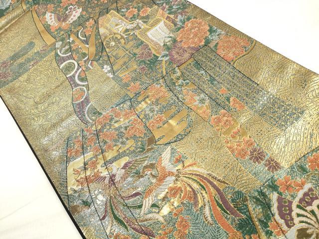 平和屋着物◎六通柄袋帯 几帳鳳凰花蝶文 金糸 正絹 逸品 DABE8270xg