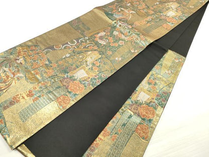 平和屋着物◎六通柄袋帯 几帳鳳凰花蝶文 金糸 正絹 逸品 DABE8270xg