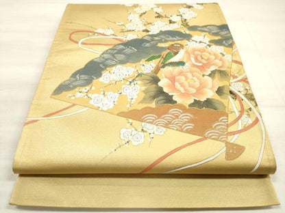 平和屋着物◎太鼓柄袋帯 作家物 扇面花鳥文 金彩 正絹 逸品 DABE8275xg