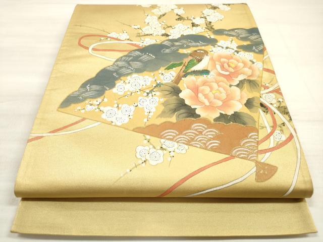 平和屋着物◎太鼓柄袋帯 作家物 扇面花鳥文 金彩 正絹 逸品 DABE8275xg