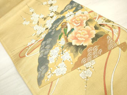 平和屋着物◎太鼓柄袋帯 作家物 扇面花鳥文 金彩 正絹 逸品 DABE8275xg