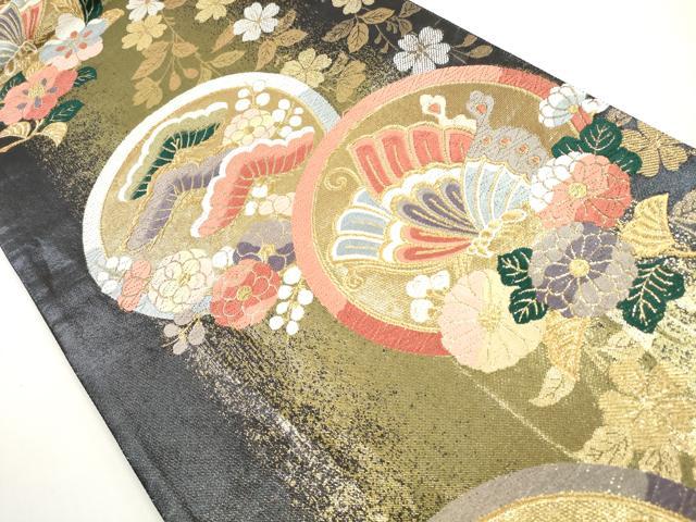 平和屋着物◎六通柄袋帯 唐織 花蝶丸文 金糸 正絹 逸品 DABE8294xg