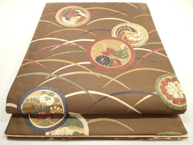 平和屋着物◎六通柄袋帯 芝草鳳凰花蝶丸文 金糸 正絹 逸品 DABE8296xg