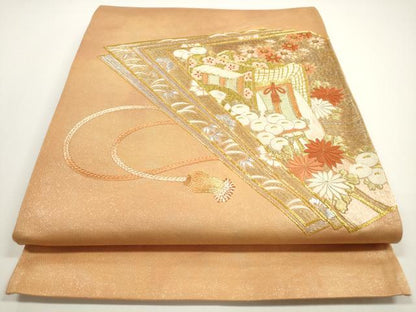 平和屋着物◎太鼓柄袋帯 総刺繍 駒刺繍 色紙重ね御所車花文 金銀糸 正絹 逸品 DABE8299xg