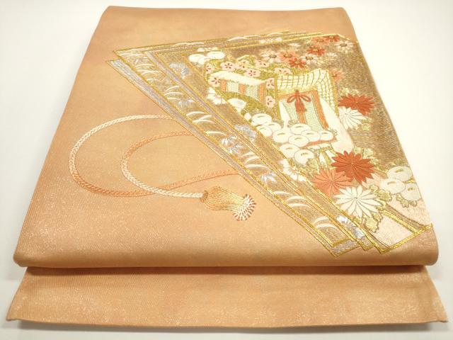 平和屋着物◎太鼓柄袋帯 総刺繍 駒刺繍 色紙重ね御所車花文 金銀糸 正絹 逸品 DABE8299xg